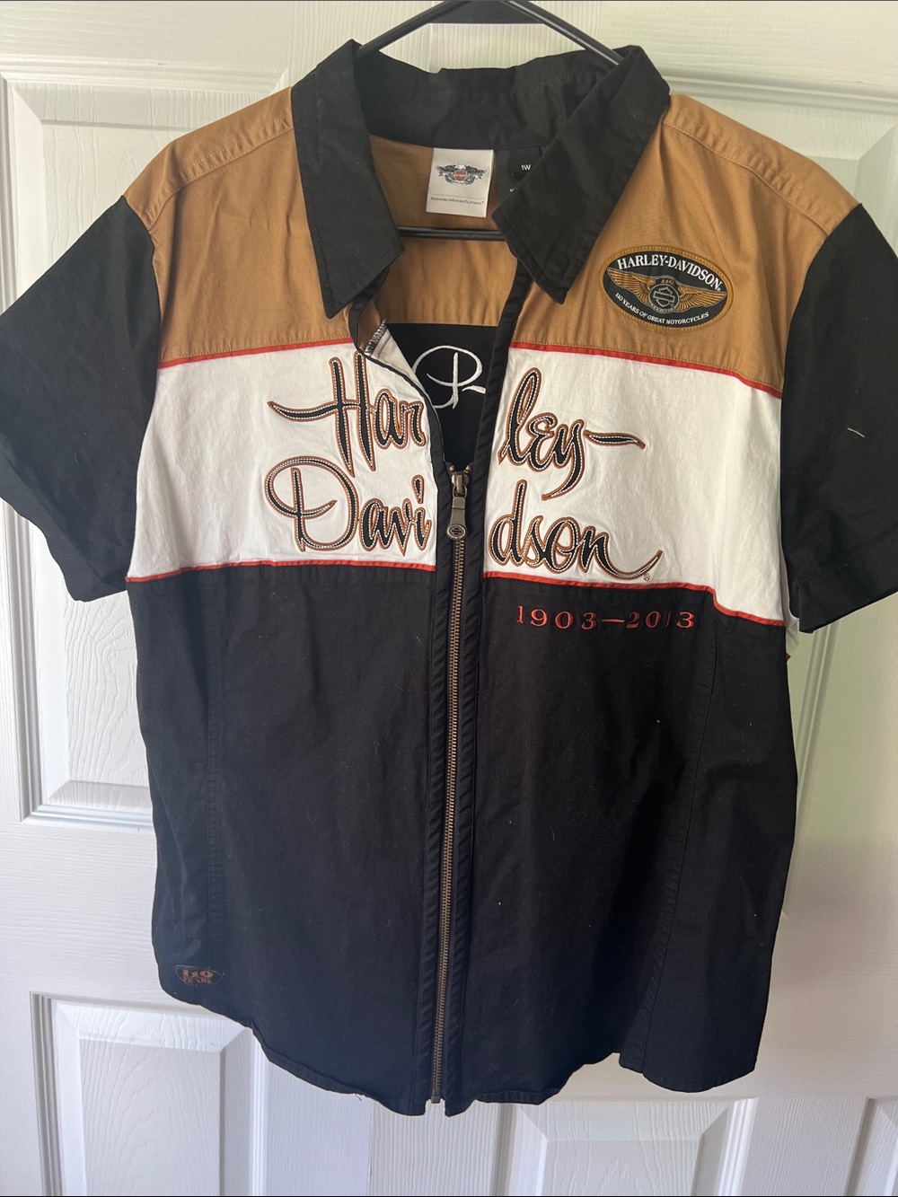 Harley-Davidson Black White Tan Short-Sleeve Zip Front Shirt